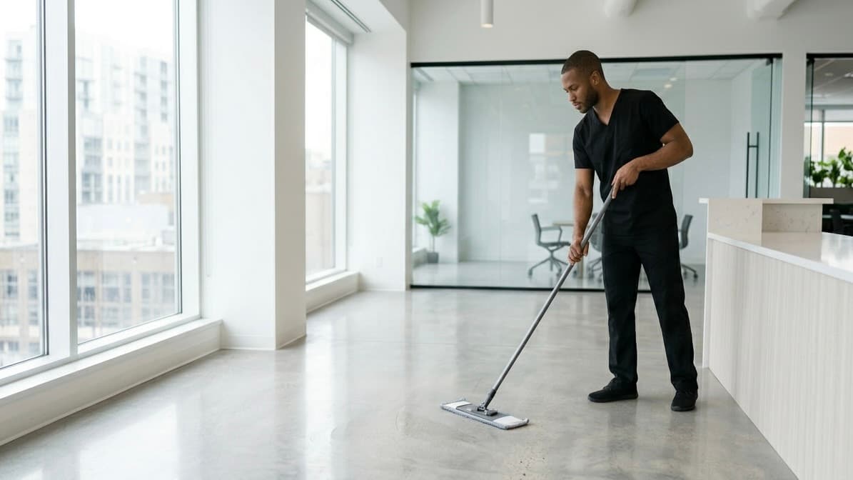 Tydal cleaning professional at work in a bright modern Montreal commercial space / Professionnel du nettoyage Tydal au travail dans un espace commercial moderne et lumineux à Montréal