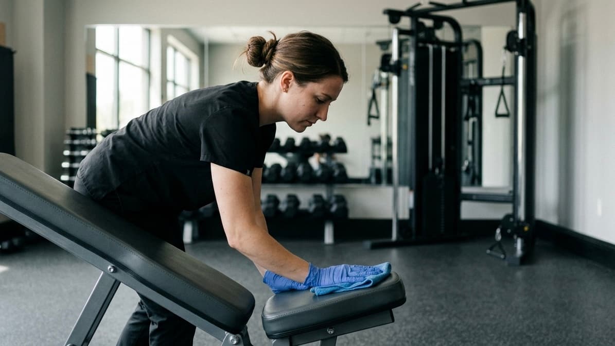 Tydal cleaner disinfecting gym equipment in a modern Montreal fitness studio / Nettoyeur Tydal désinfectant les équipements d'un studio de conditionnement physique à Montréal